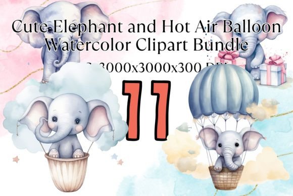 Baby Elephant Hot Air Balloon Watercolor Illustrations
