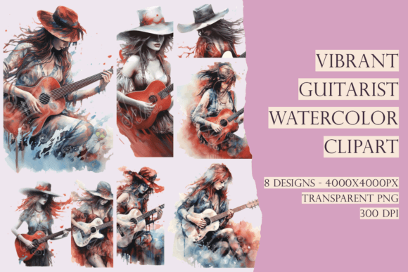 Boho Watercolor Art Women Guitarists Illustrations