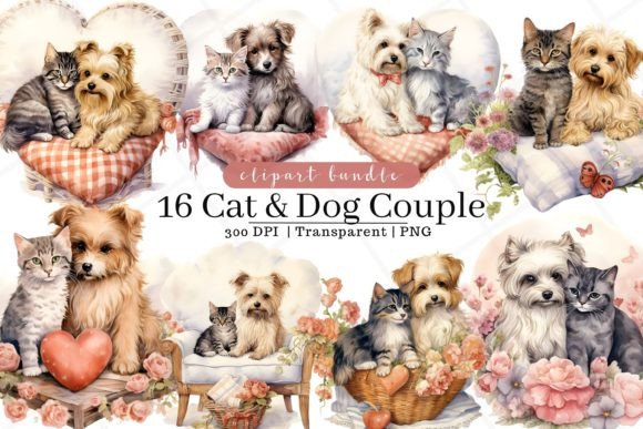 Cat and Dog Couple Watercolor Illustrations for Editorial Use