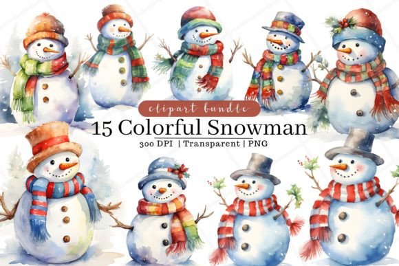 Colorful Snowman Watercolor Clipart for Embroidery