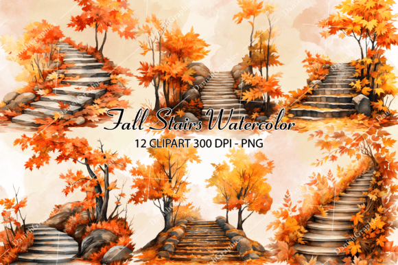 Fall Stairs Watercolor Clipart for Embroidery