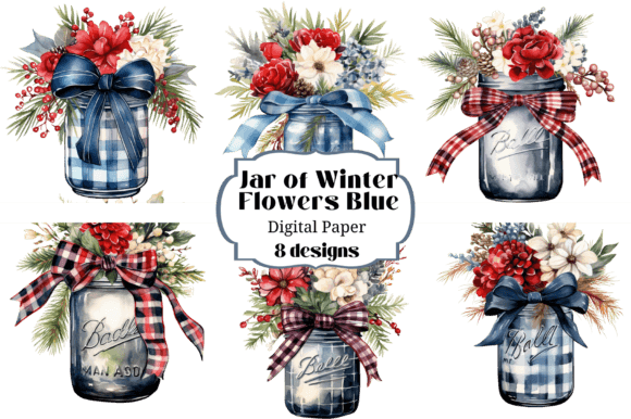 Mason Jar Blue Watercolor Winter Flowers Illustrations