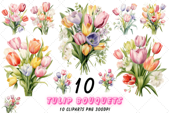Pastel Tulip Bouquets Watercolor Clipart Illustrations