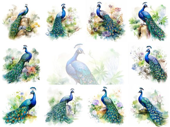 Peacock Watercolor Clipart Set for Illustrations