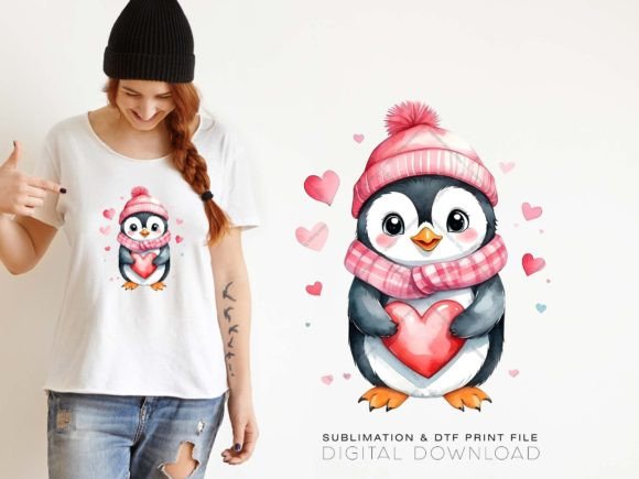 Valentine's Day Penguin Watercolor Illustrations for Design Projects