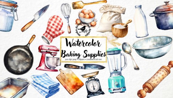 Watercolor Baking Supplies Clip Art Set: Handcrafted Charm for Lifestyle Branding and Marketing Visuals