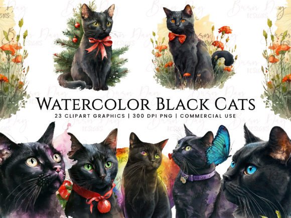 Watercolor Black Cats Clipart Bundle: Illustrations Review