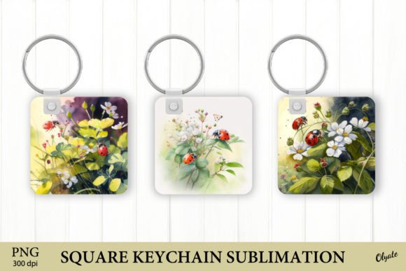 Watercolor Lady Bug Keychain. Square Illustrations for Real Design Projects