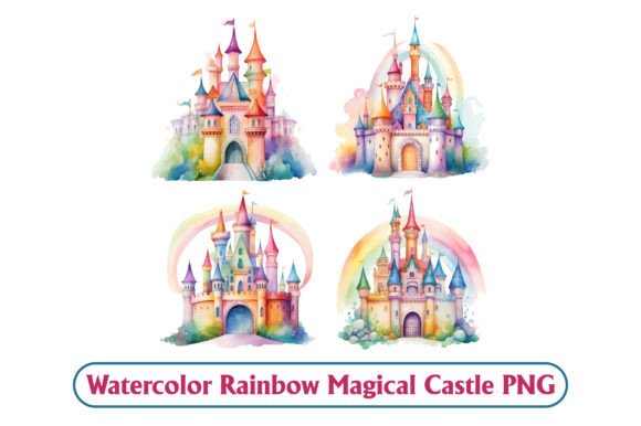Watercolor Rainbow Magic Castle Illustration: A Vibrant Editorial Design Asset