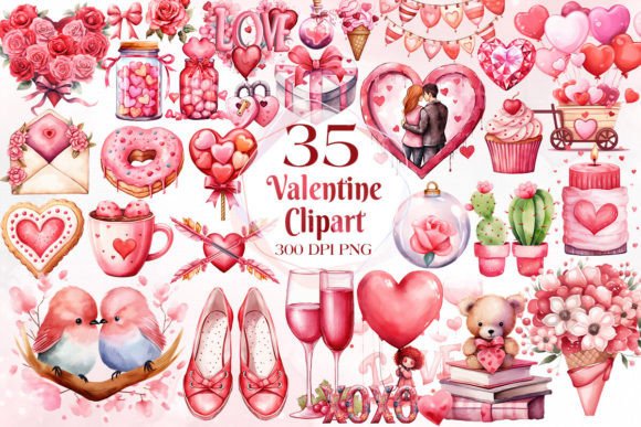 Watercolor Valentine Clipart for Embroidery Projects