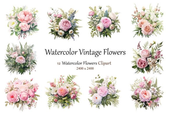 Watercolor Vintage Flowers Clipart Illustrations