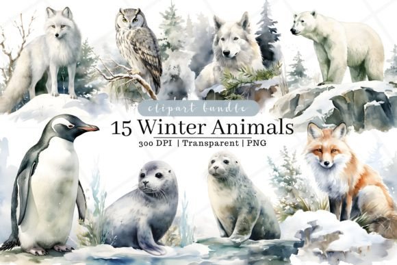 Winter Animals Watercolor Clipart Illustrations