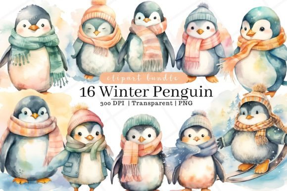 Winter Penguin Watercolor Clipart for Illustrations