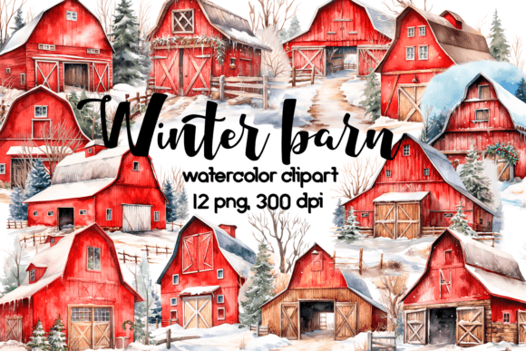 Winter Red Barn Watercolor Clipart for Illustrations
