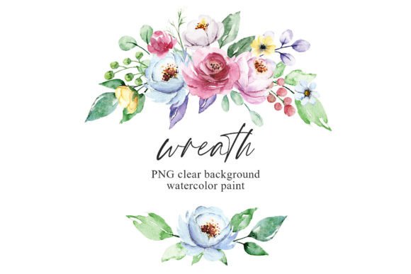 Wreath with Pink Blue Watercolor Flowers Illustrations for Branding and Beyond